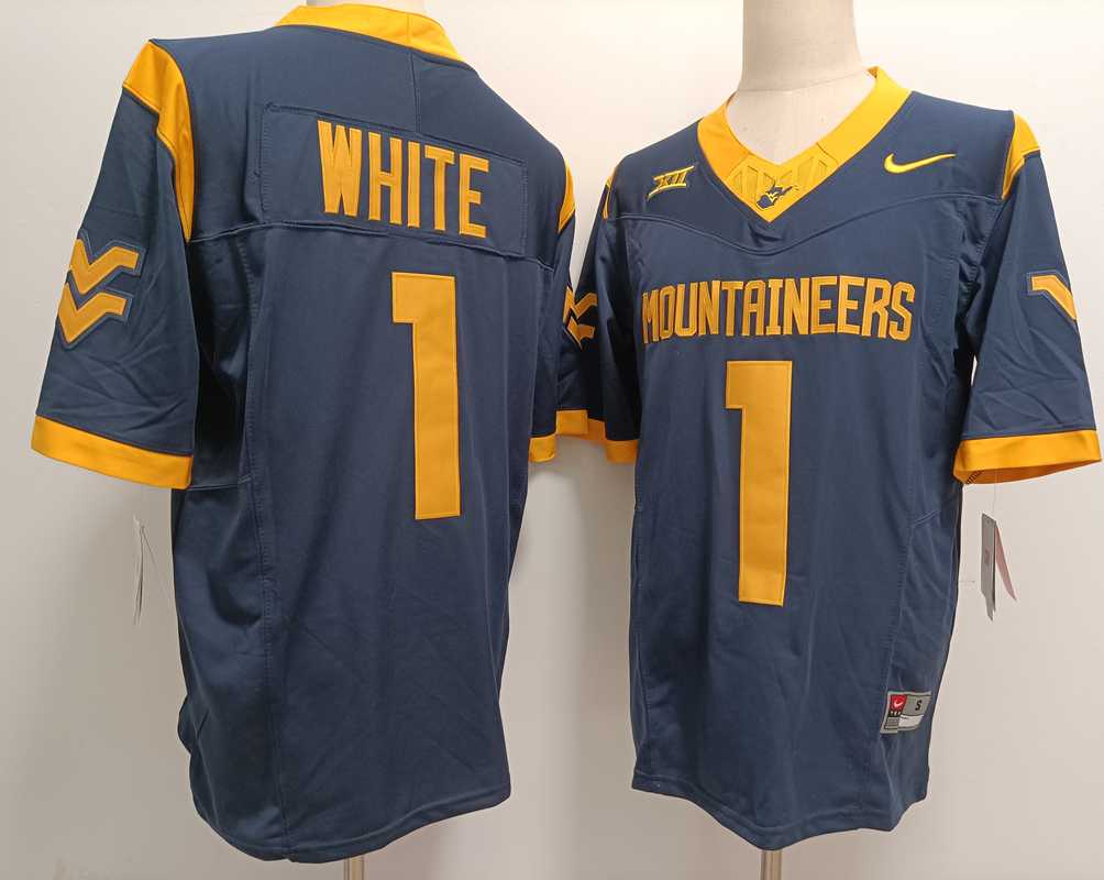 Mens West Virginia Mountaineers #1 Jahiem White Navy FUSE College Stitched Jersey